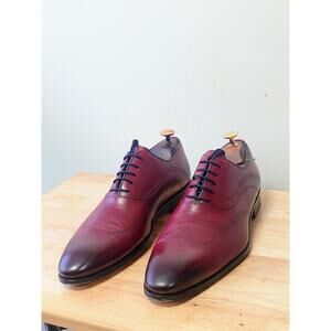 Magnanni Men’s Wingtip Oxdords 9.5M Chili Red Brown Burnish Leather Dress Shoes